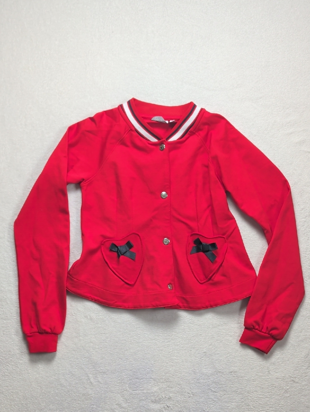 A-Dee Red Cotton Jersey Varsity Jacket with Heart Bow Pockets | Size 10